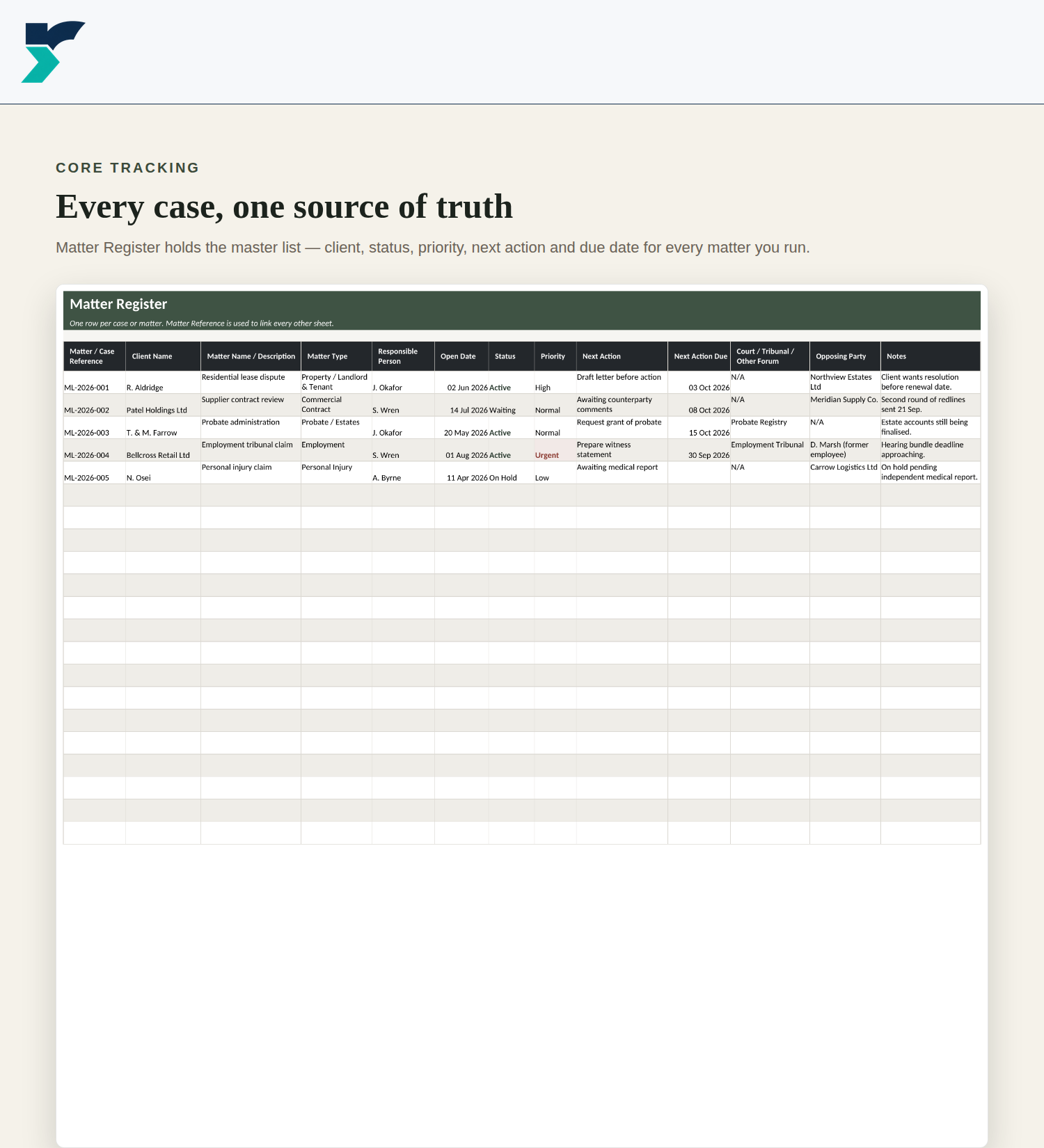 Legal Admin Tracker Matter Register preview