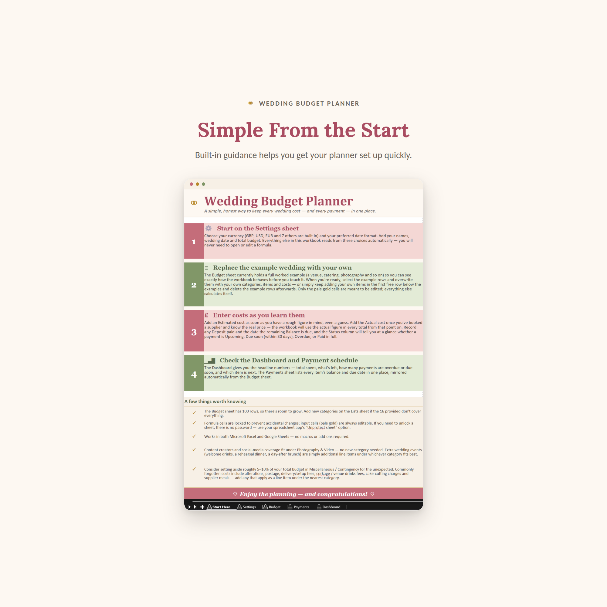 Start Here sheet, with the four-step setup walkthrough